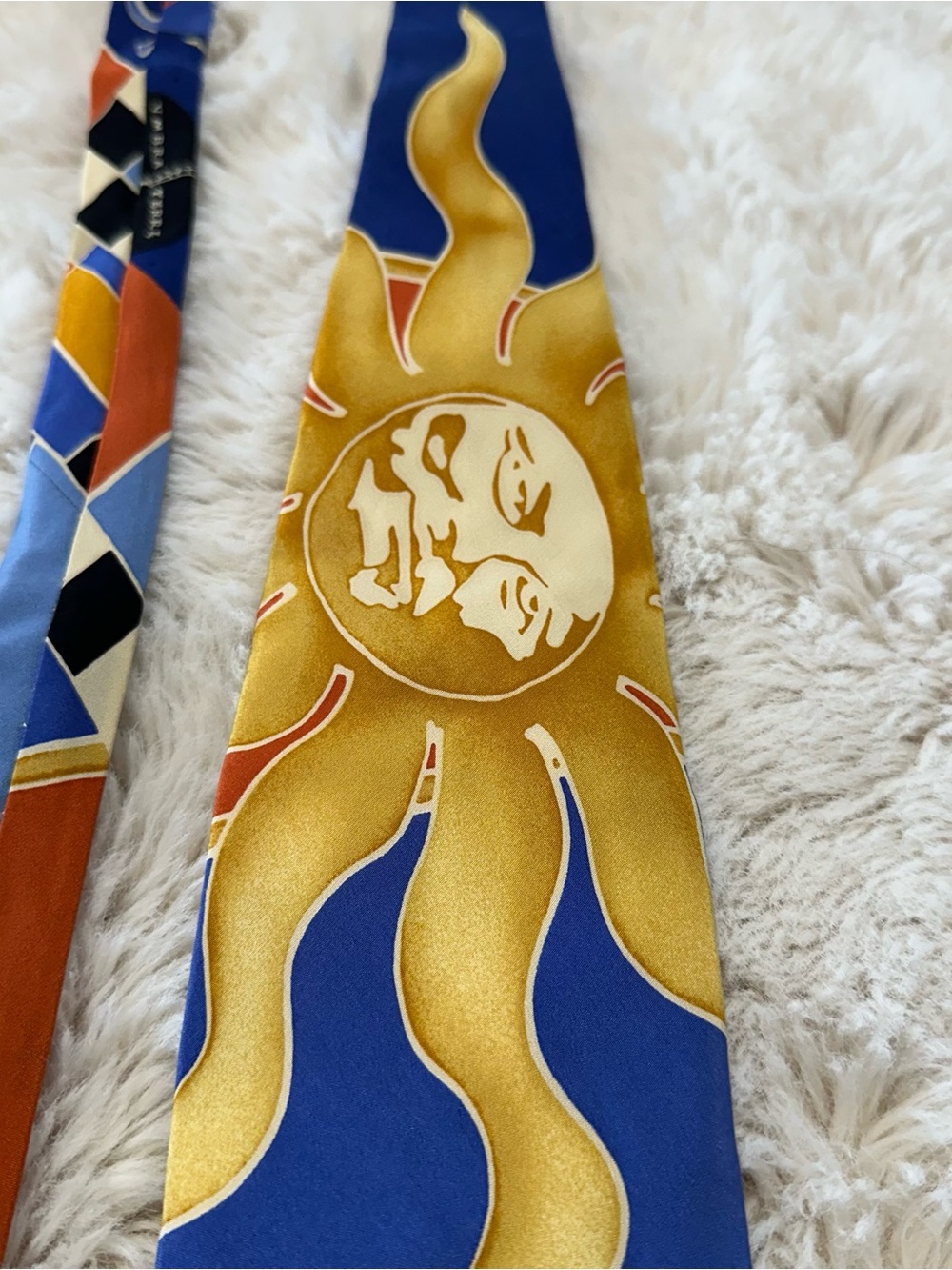 Vintage Prochownick Silk Necktie Sun Face Abstract Art Blue Gold Orange Italy